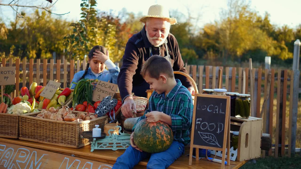 老农场主和他的孙辈们在当地市场上出售自家种植的有机食品视频下载