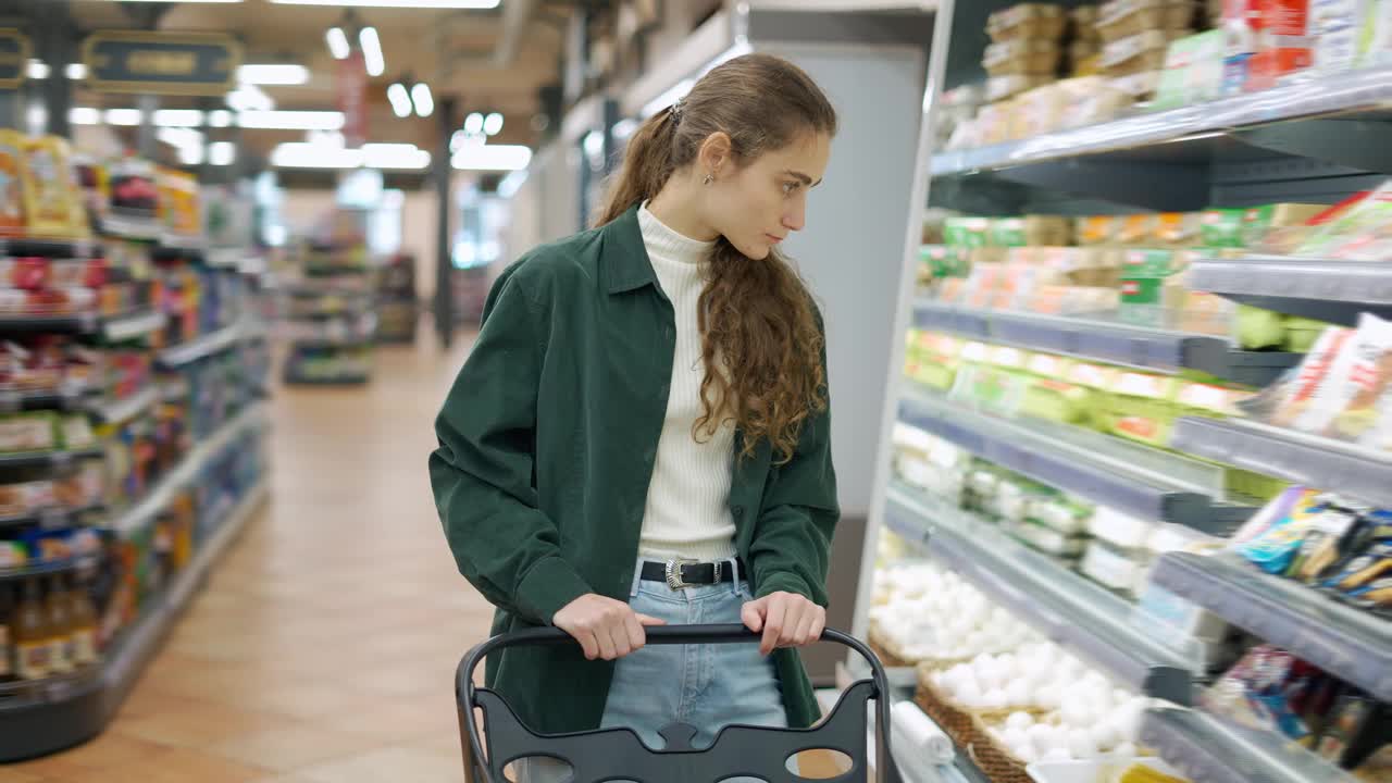 一位女士推着购物车在超市的牛奶区挑选奶酪视频素材
