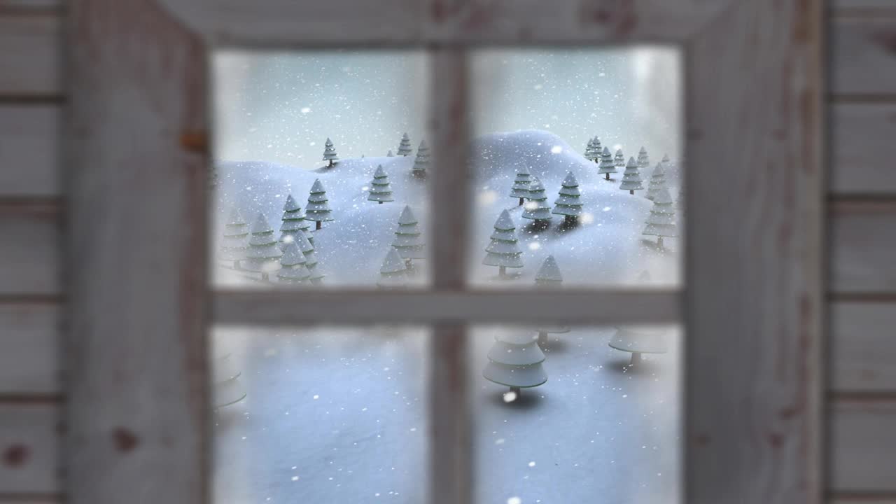 在冬季景观上，木窗框对抗雪花落在多棵树上视频素材