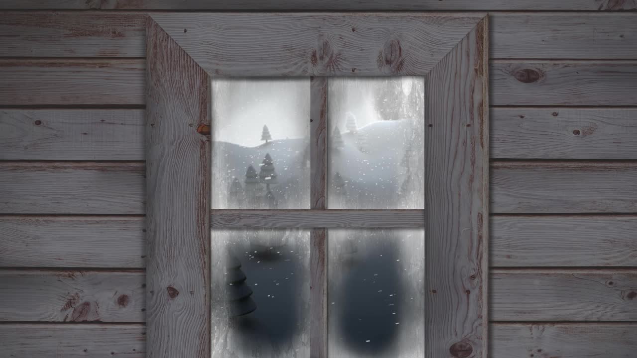 在冬季景观上，木窗框对抗雪花落在多棵树上视频素材