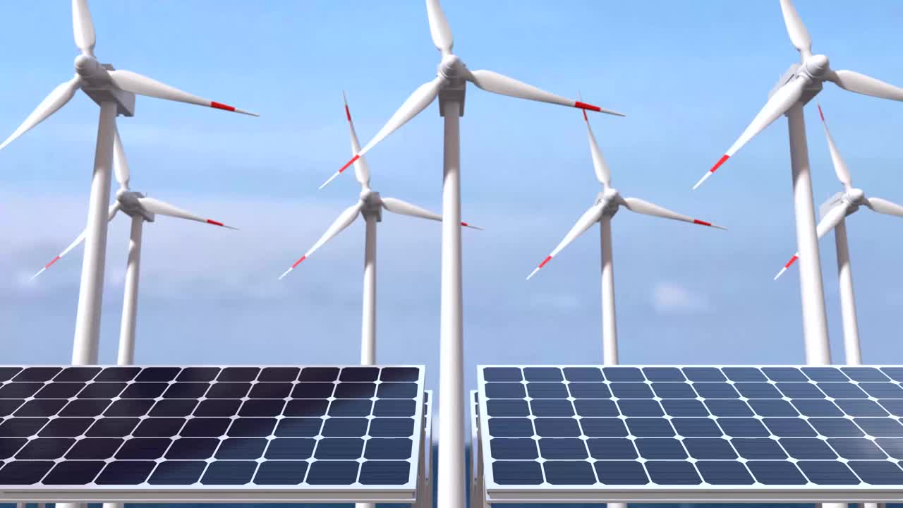 太阳能电池板和风力涡轮机，绿色能源概念视频下载