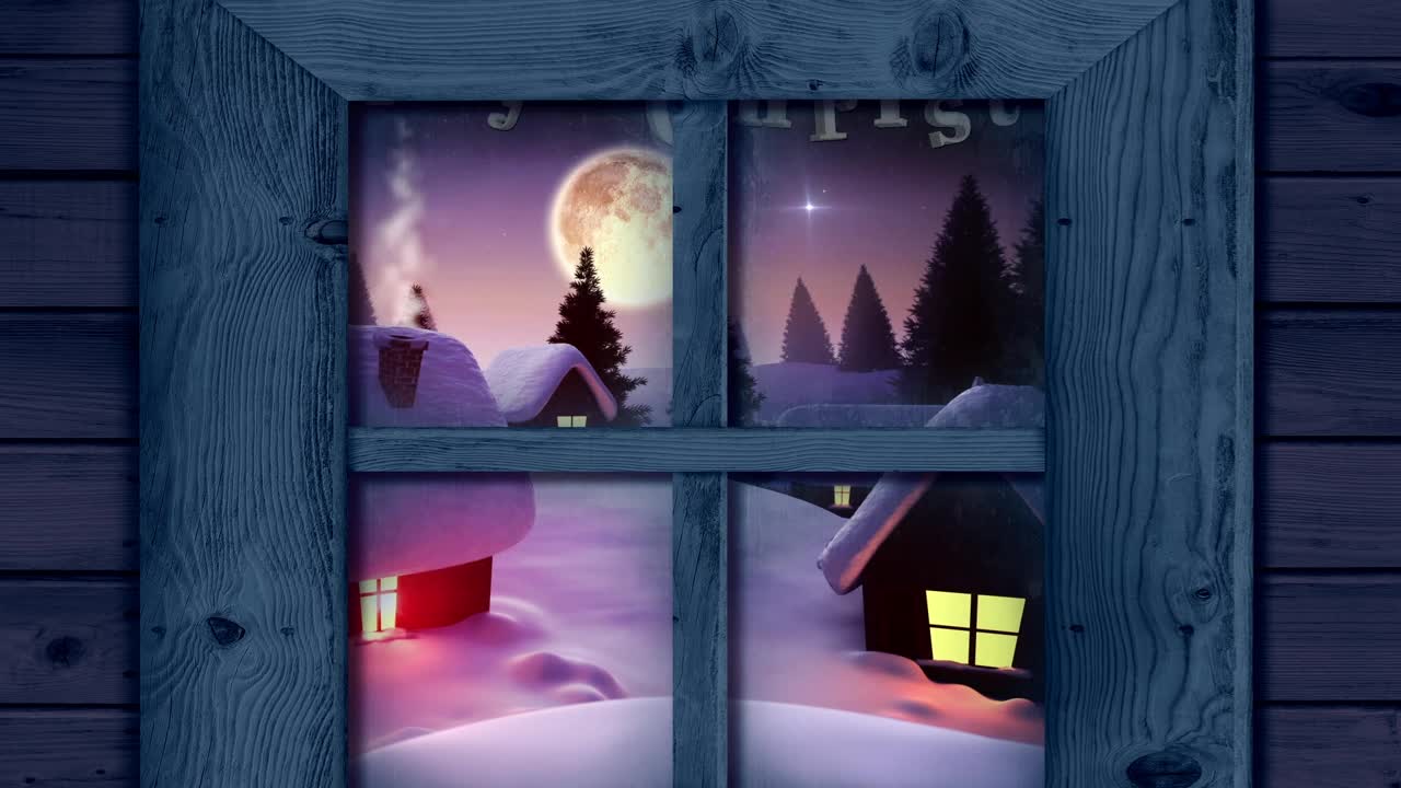 木窗框靠在圣诞老人的雪橇上，驯鹿拉在冬天的风景视频素材