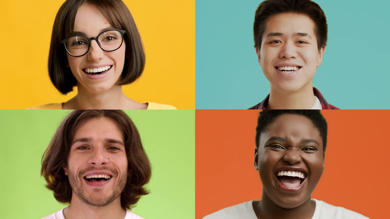 快乐的多种族年轻人在彩色背景下对着镜头微笑视频下载