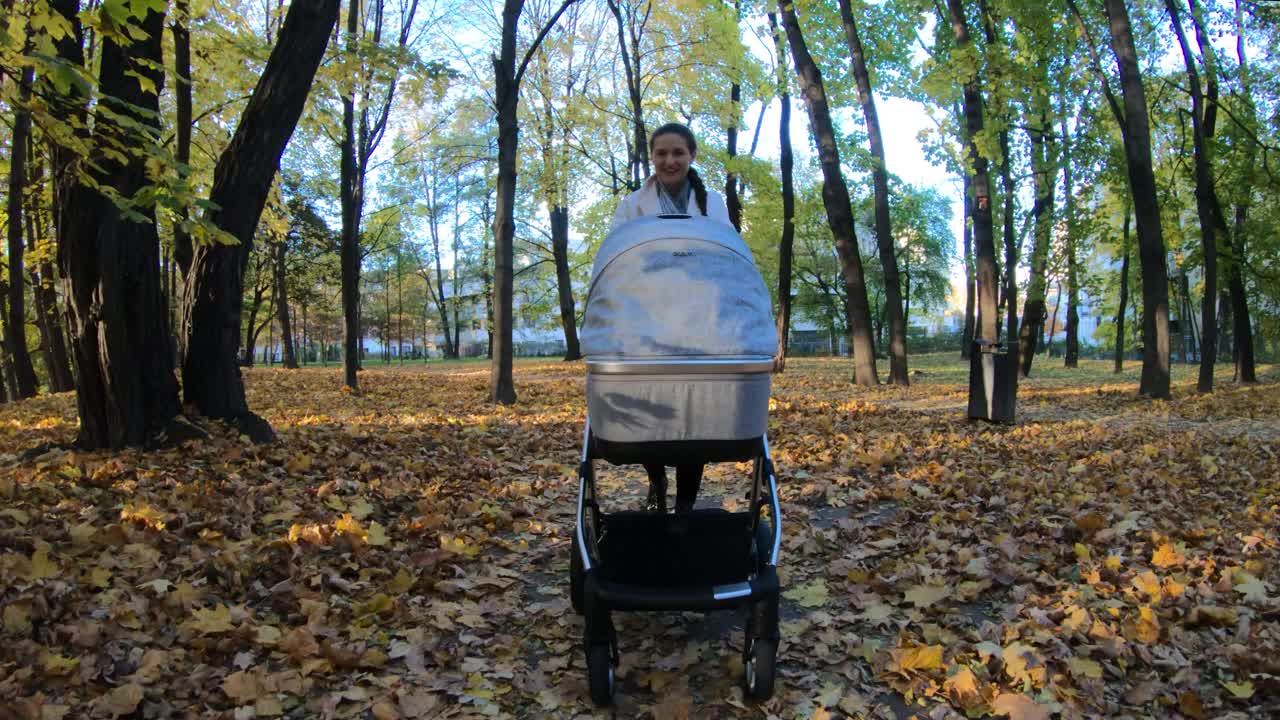 秋天，一位妇女推着婴儿车在公园里视频下载