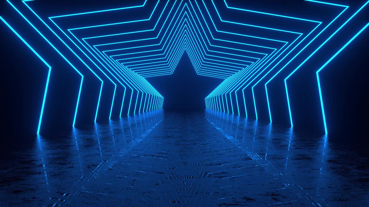 4K未来主义霓虹灯紫外荧光灯隧道星星形状可循环动画黑色背景视频素材