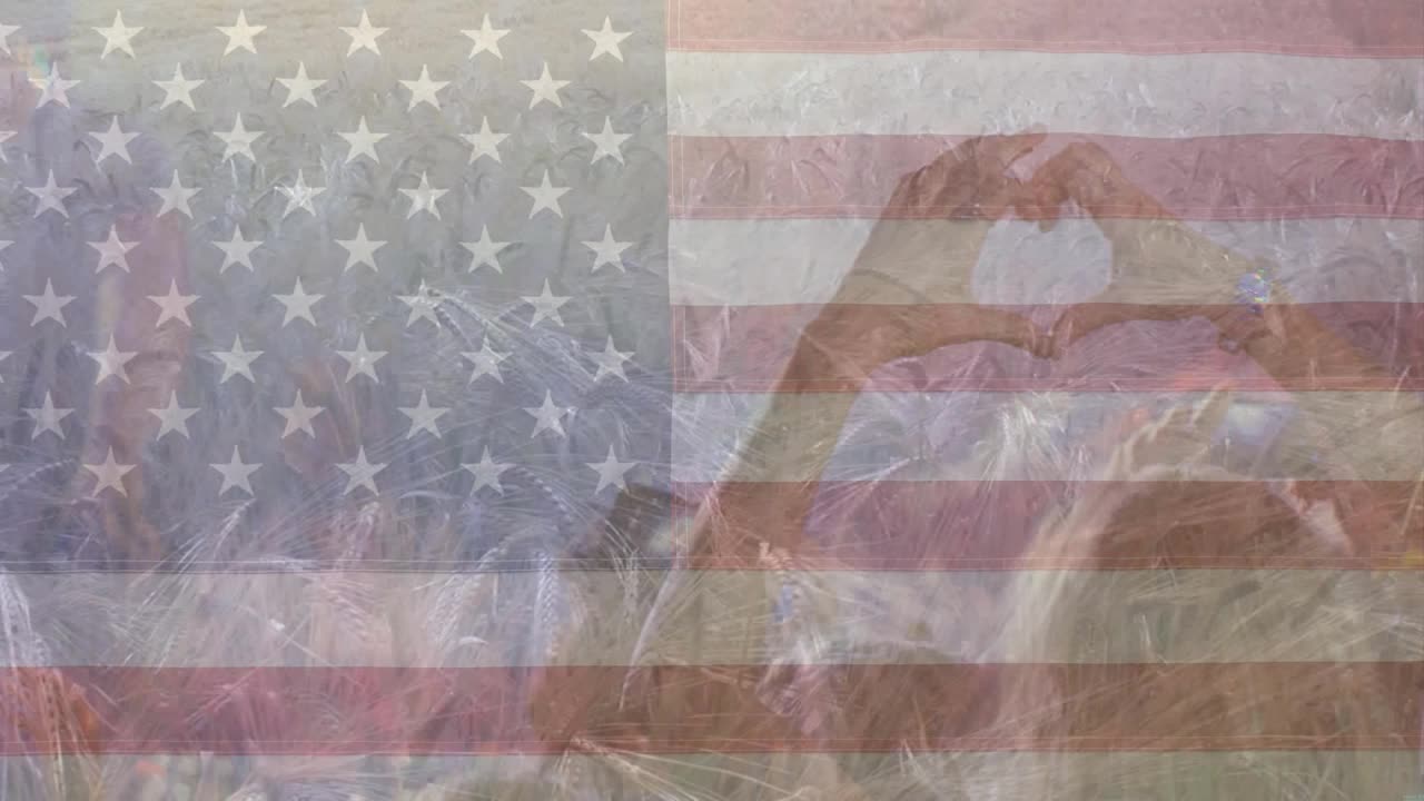 美国国旗动画与麦田和手做心视频下载