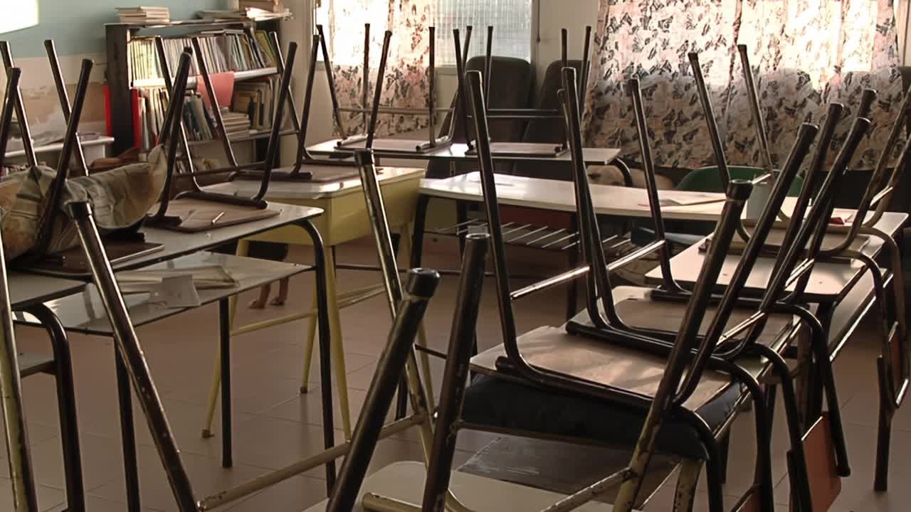 在冠状病毒大流行期间，阿根廷关闭的公立学校的空教室里倒挂着老式胶合板和金属学校椅子。视频素材