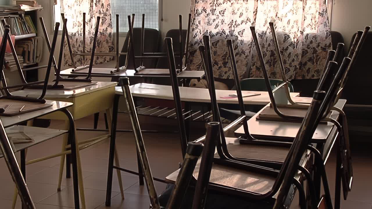 空教室里倒挂着复古的学校椅子。视频素材