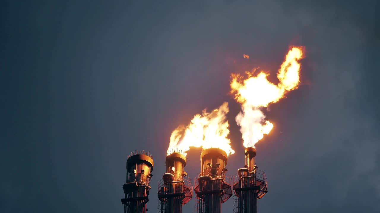 空气污染的概念。炼油厂火炬烟囱因燃气燃烧而起火视频素材
