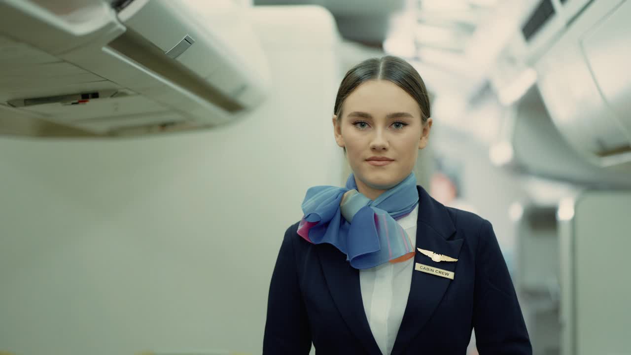 空姐在飞机上工作时微笑的肖像。视频素材