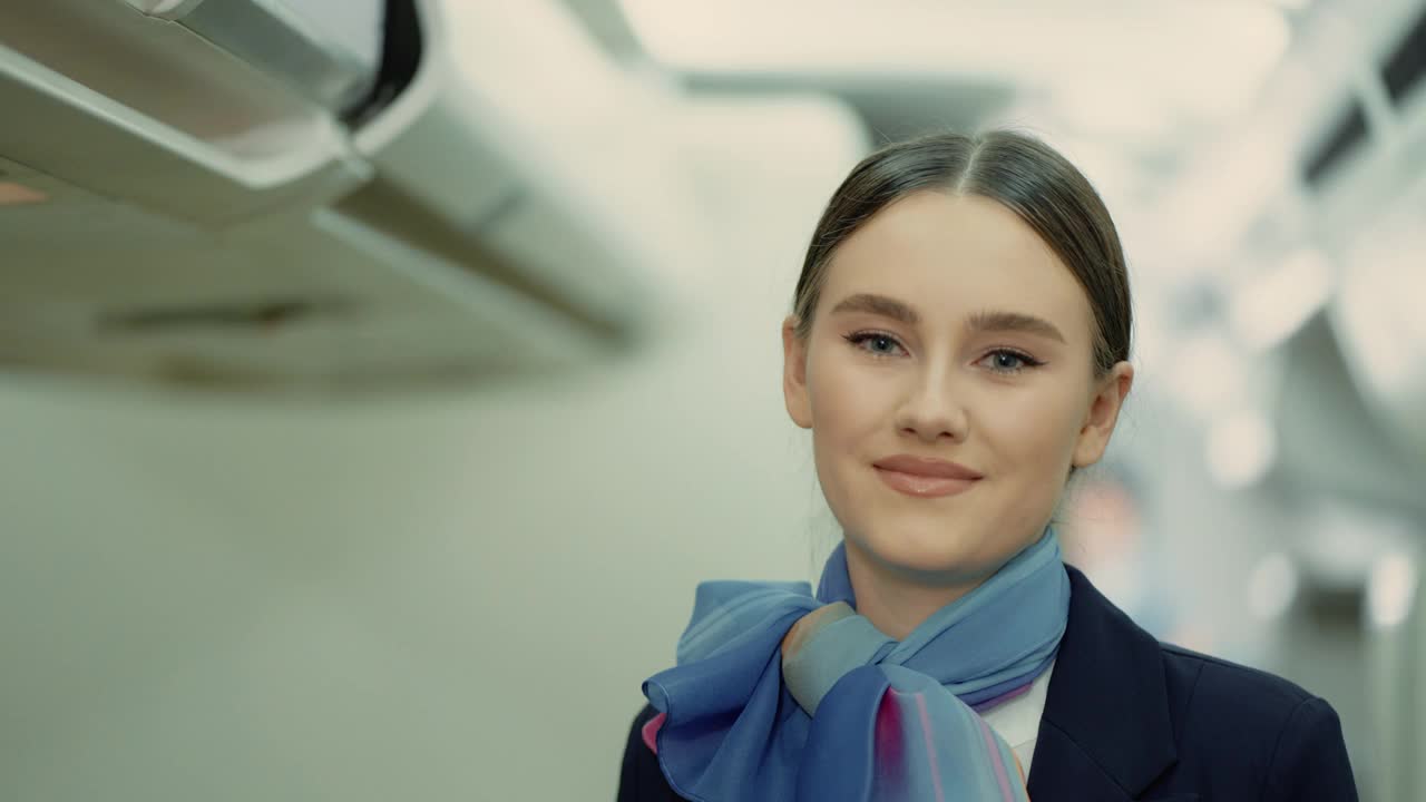 空姐在飞机上工作时微笑的肖像。视频素材