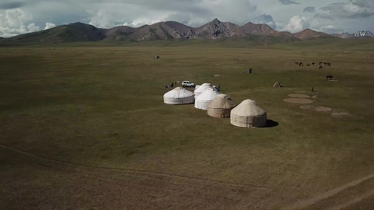 吉尔吉斯斯坦Song Kol湖鸟瞰图视频素材