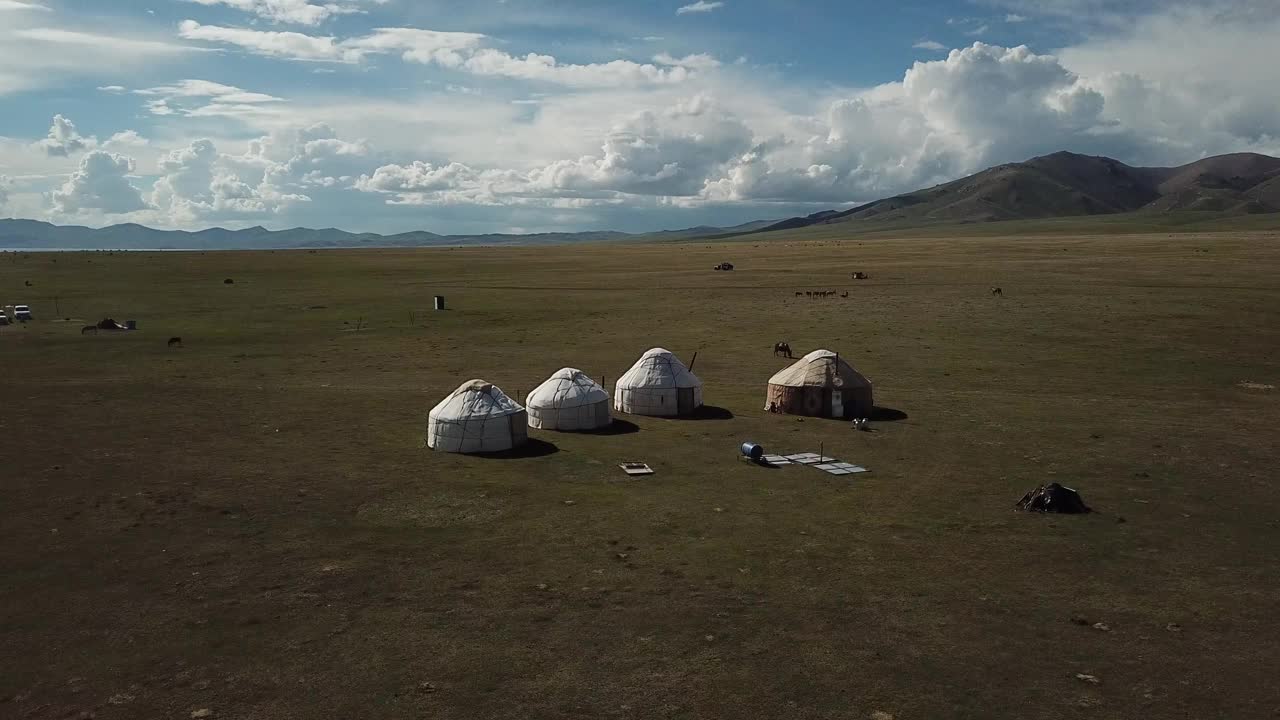 吉尔吉斯斯坦Song Kol湖鸟瞰图视频下载