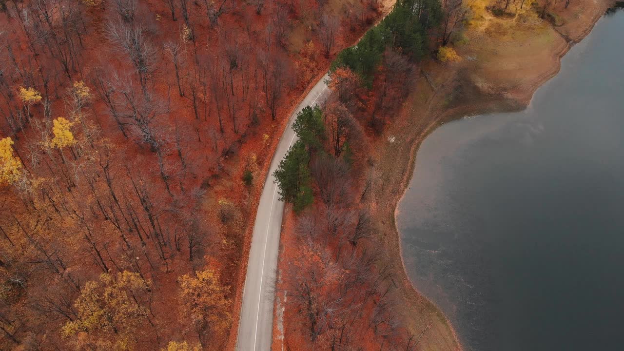 无人机拍摄的秋天树叶和山路视频素材