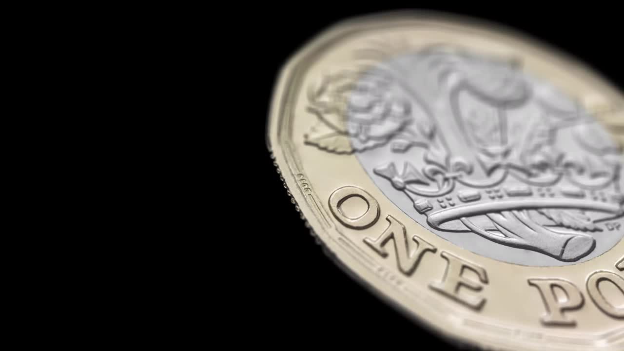 跟踪拍摄一英镑硬币在金融图表背景股票视频-英国英镑硬币现实动画背面和正面- 1便士- 5,10,20,50便士硬币- 1和2英镑硬币-斯特林硬币股票视频背景视频下载