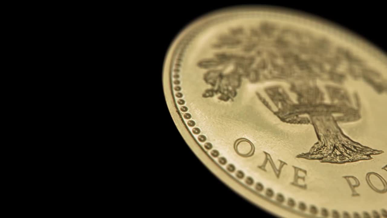 跟踪拍摄一英镑硬币在金融图表背景股票视频-英国英镑硬币现实动画背面和正面- 1便士- 5,10,20,50便士硬币- 1和2英镑硬币-斯特林硬币股票视频背景视频下载