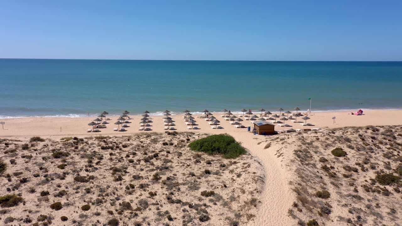 沙丘海岸上度假海滩的鸟瞰图。游客用的雨伞和躺椅。视频素材