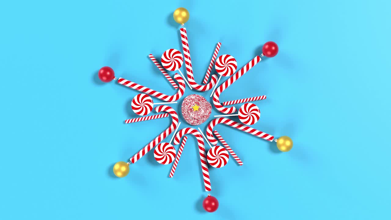 在4K分辨率的蓝色背景上糖果手杖制作的圣诞饰品新年贺卡视频素材