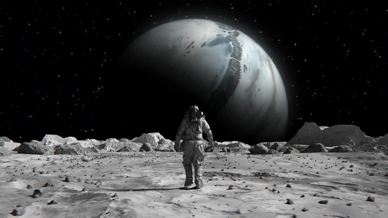 勇敢的宇航员穿着宇航服在月球上自信地走向太空星球，身上覆盖着岩石。第一位登上月球表面的宇航员。人类的重大时刻。先进技术，太空探索/旅行，殖民概念。视频下载