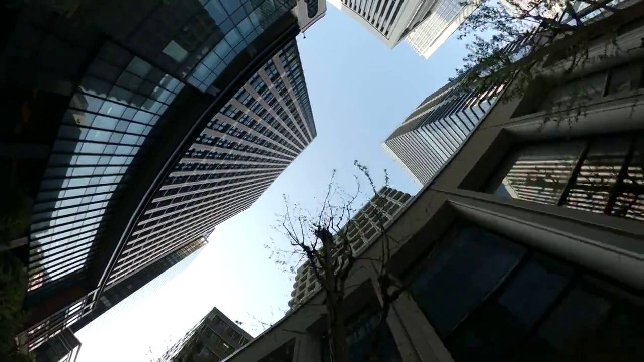 开车穿过商业区，仰望摩天大楼之间。视频素材