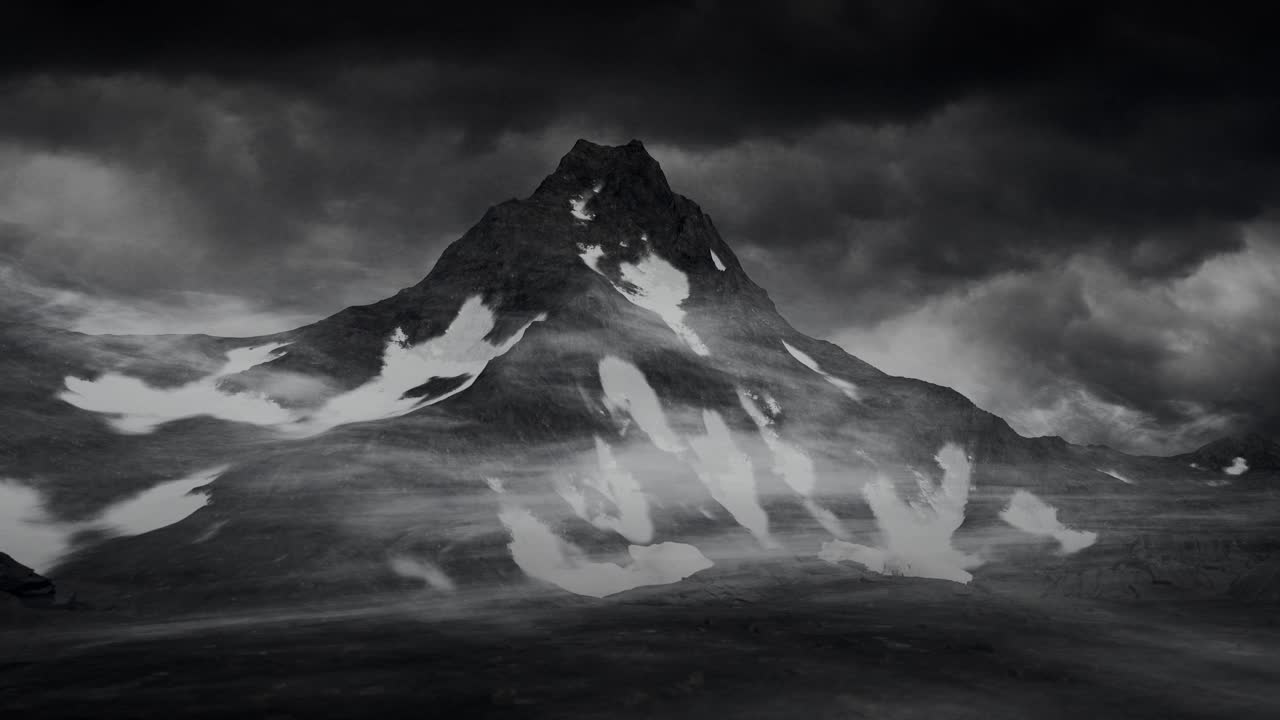 一幅黑白相间的风景，一座巨大的积雪覆盖的山峰有一个锋利的山峰。巨大的黑色山脉上壮观的景色。视频下载