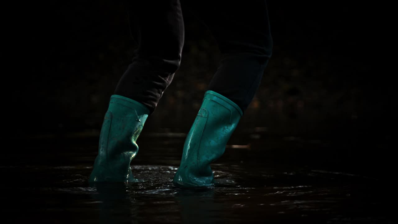 穿着雨靴的超级SLO MO人在泥泞的水坑里跳上跳下视频下载