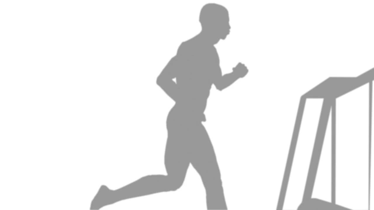 多个红心和听诊器图标与跑步机上跑步的男人剪影视频下载