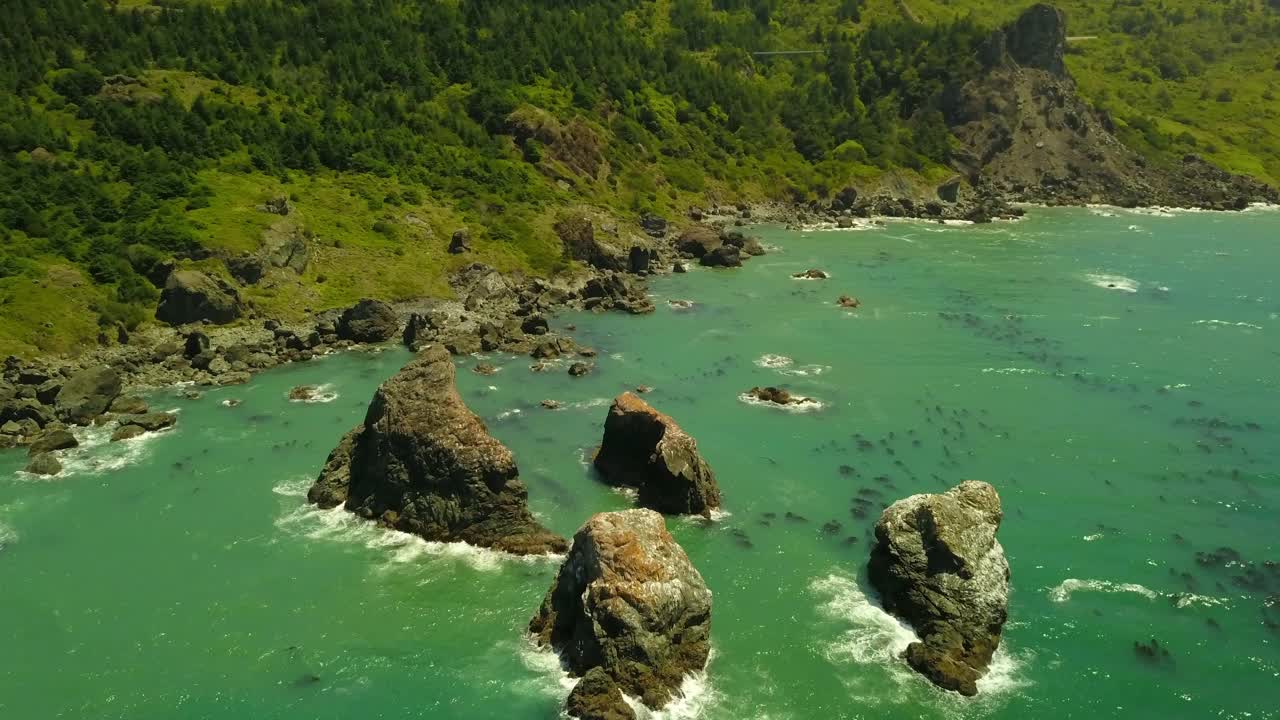 航拍拍摄的岩石在海岸线附近的水下海藻，无人机在阳光明媚的日子飞越海洋-俄勒冈海岸，俄勒冈视频下载