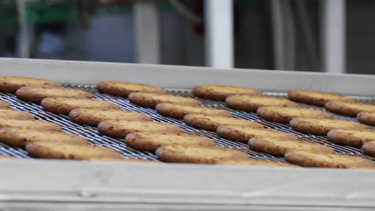 用于生产形状复杂的甜饼的糖果工厂，当产品在输送带上移动时视频下载