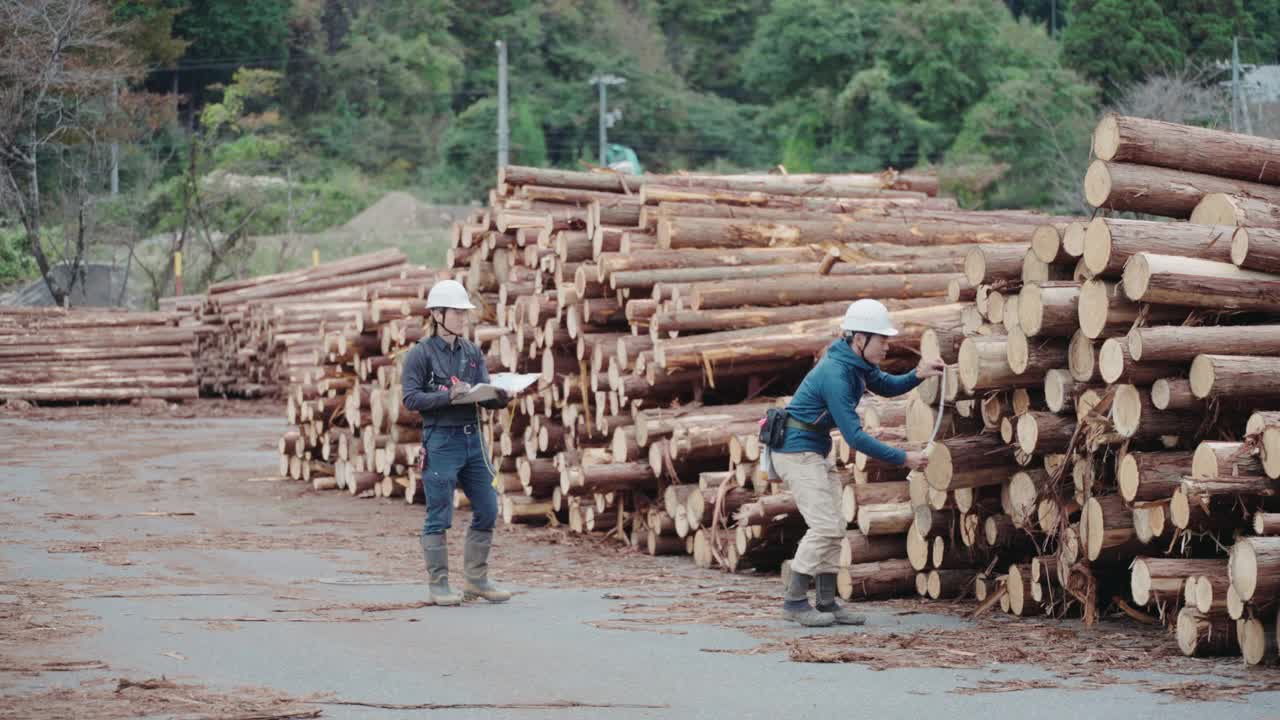 两名林务员在木材分类设施测量倒下的木材视频下载