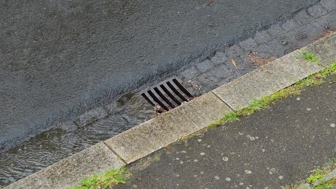 雨水流入街道旁边的下水道视频下载