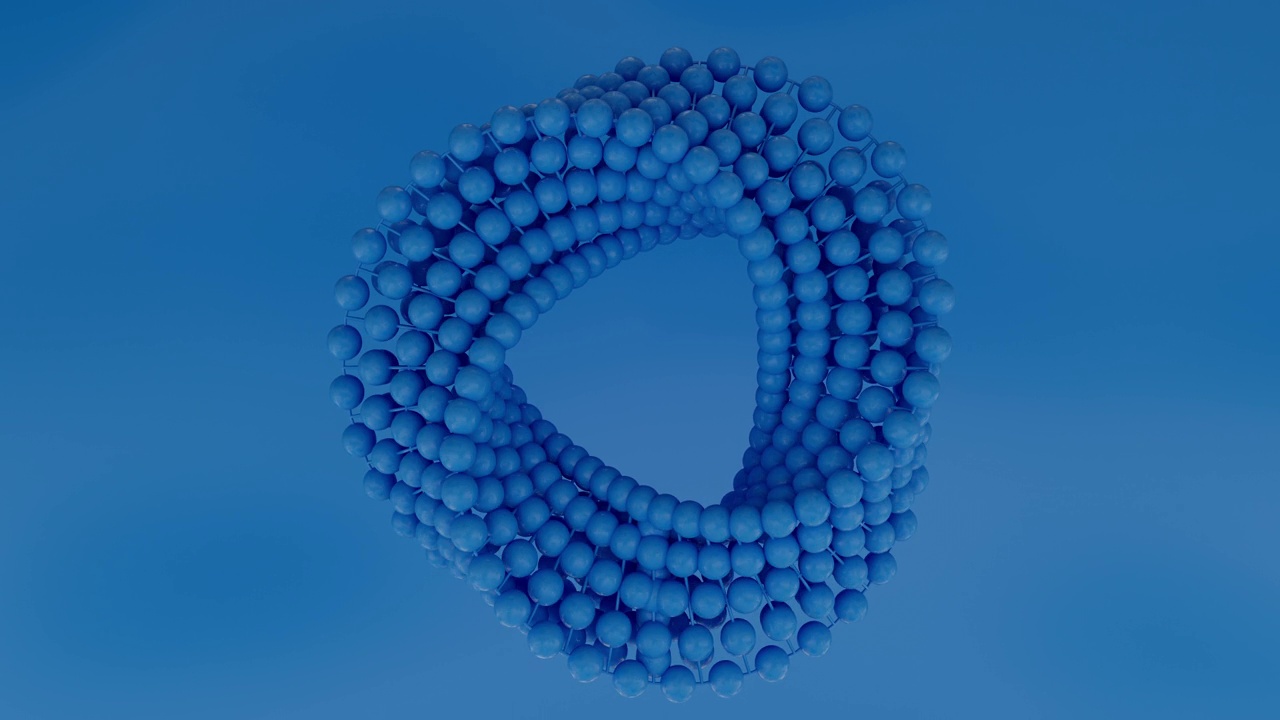 由蓝色背景上的蓝色粒子和球组成的环形旋转图形。三维动画几何学，抽象形式的三角形形式。视频下载