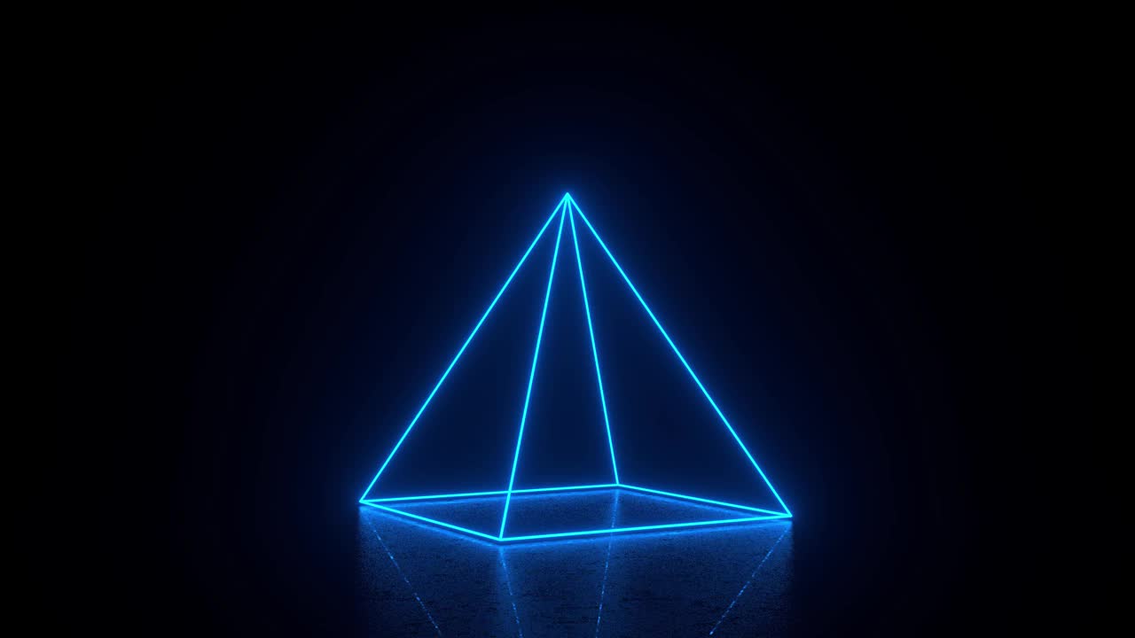 4K未来主义霓虹灯紫外线荧光灯旋转金字塔形状可循环动画黑色背景视频下载