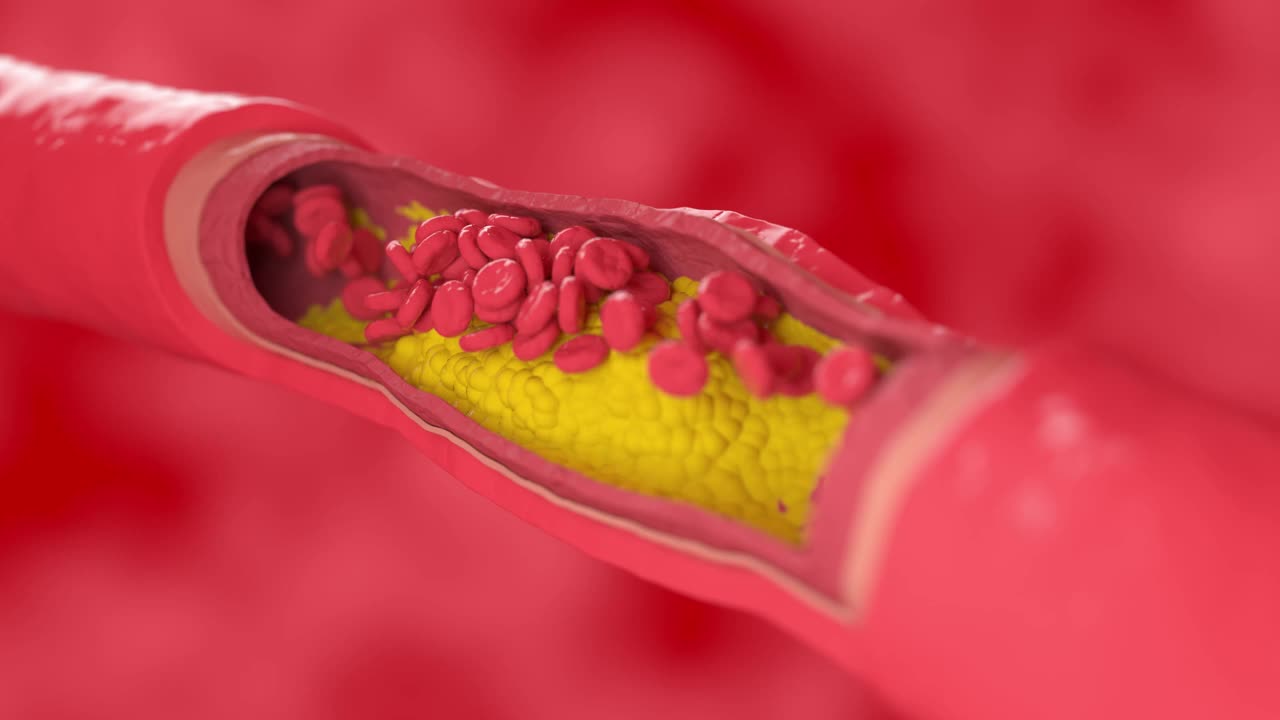受胆固醇斑块影响的血红细胞在血管中流动视频素材