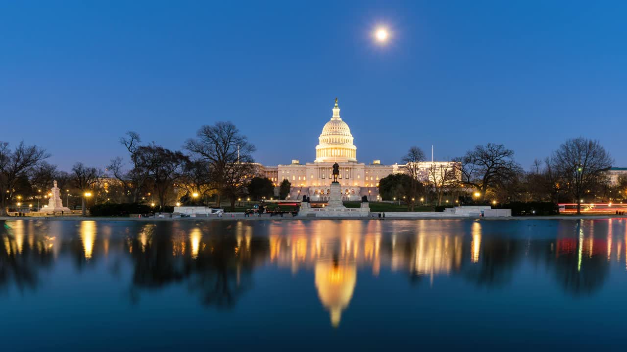 时间流逝前的美国国会大厦与倒影池在黄昏时间，华盛顿特区，美国视频下载