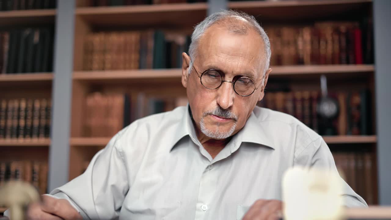 一位70多岁的老科学家在公共图书馆学习古典文学视频素材
