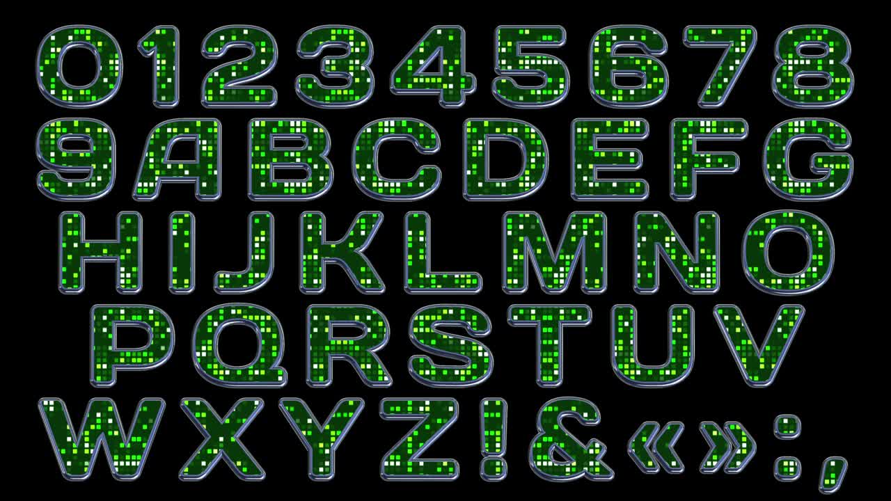 现代的字母表。3 d。带有像素装饰的金属字体。将生动的字母组合成题词。视频下载