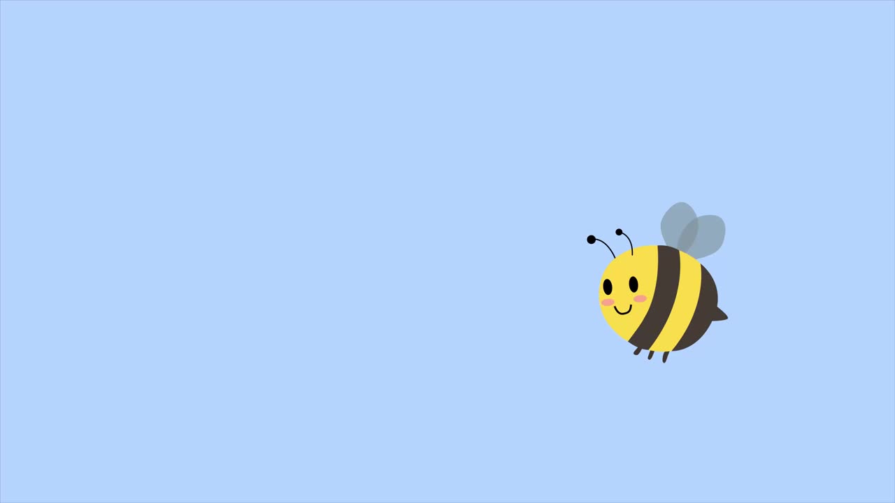 可爱的蜜蜂卡通在蓝色背景下从左到右飞行。蜜蜂笑着，快乐地飞翔动画。4K分辨率，哑光完成，可循环。视频下载