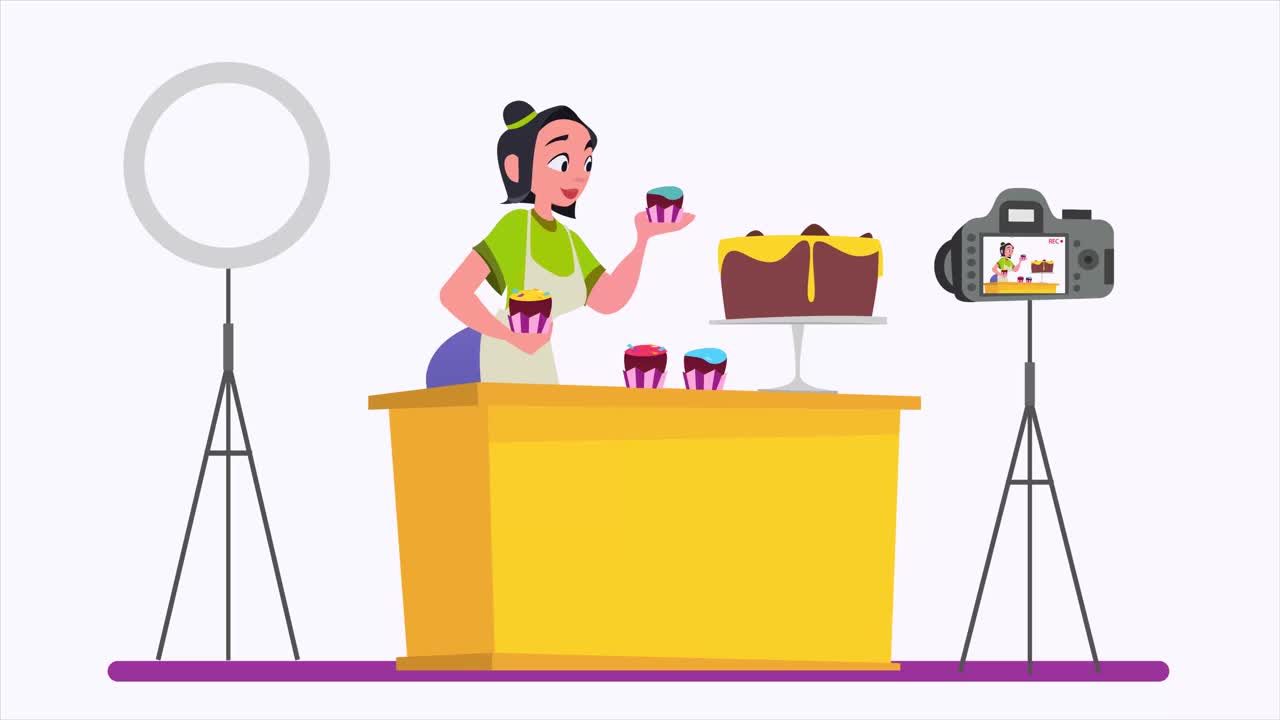 女性视频博主对食物内容感兴趣的动画。年轻女性网红录音。关于蛋糕制作和设计概念的视频博客。4 k的决议,Loopable。视频下载