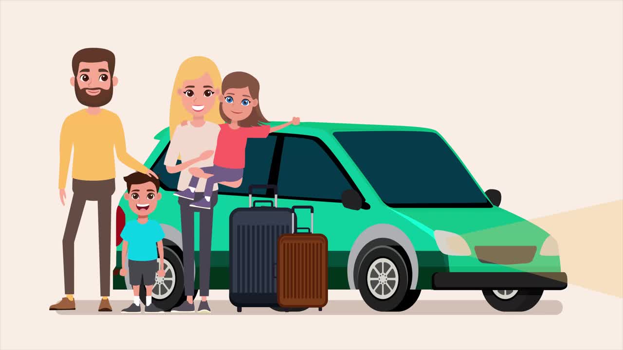 这是一个核心家庭和两个孩子站在车前的漫画。愉快的假期和新的冒险。旅行，家庭，在一起，度假，度假的概念。4 k的决议,Loopable。视频下载