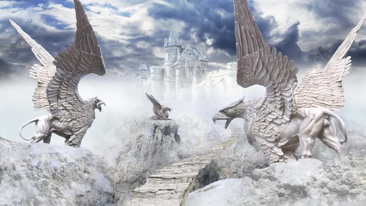 梦幻视频场景，石头滴水嘴兽守卫着通往童话城堡的路，在迷雾的山和天空中视频下载