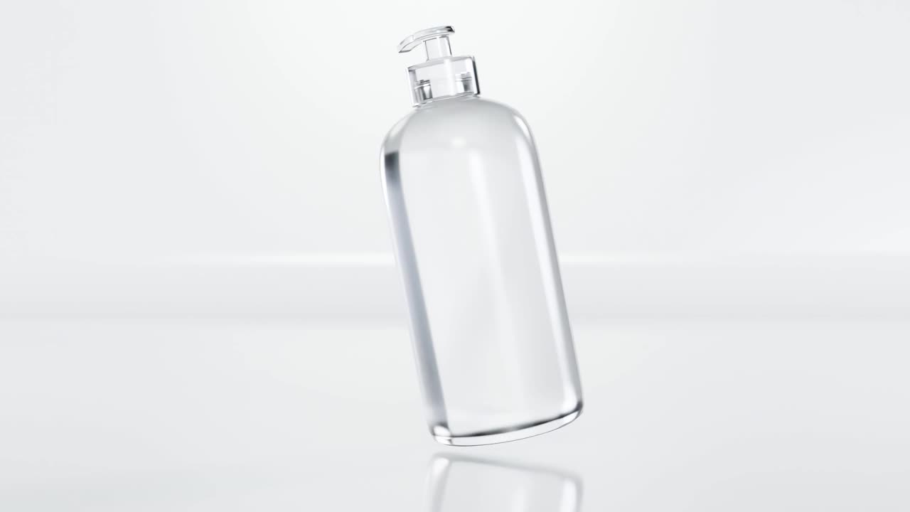 循环动画的消毒剂凝胶瓶，瓶在空气中，无水清洁手凝胶在白色透明泵瓶，塑料，3d渲染视频素材