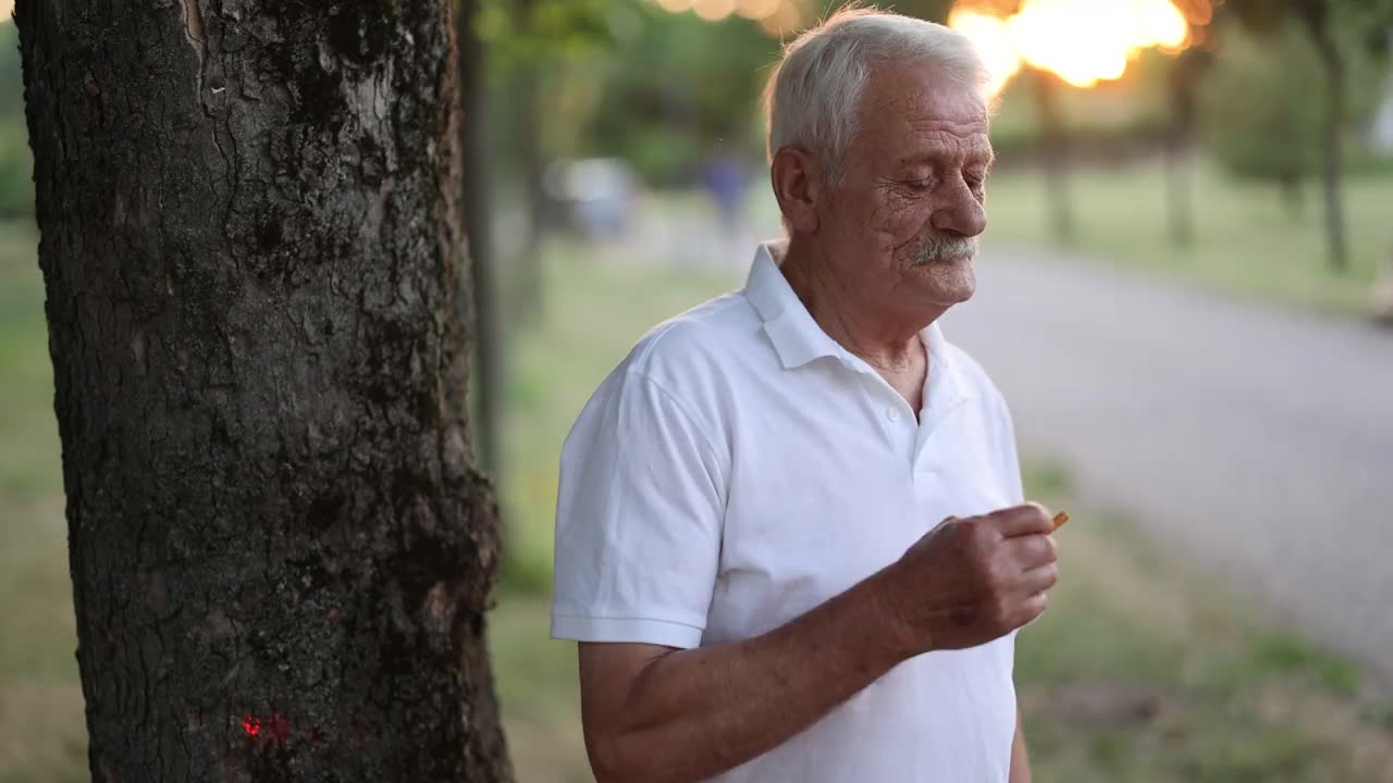 一位老人在城市公园里抽烟视频下载