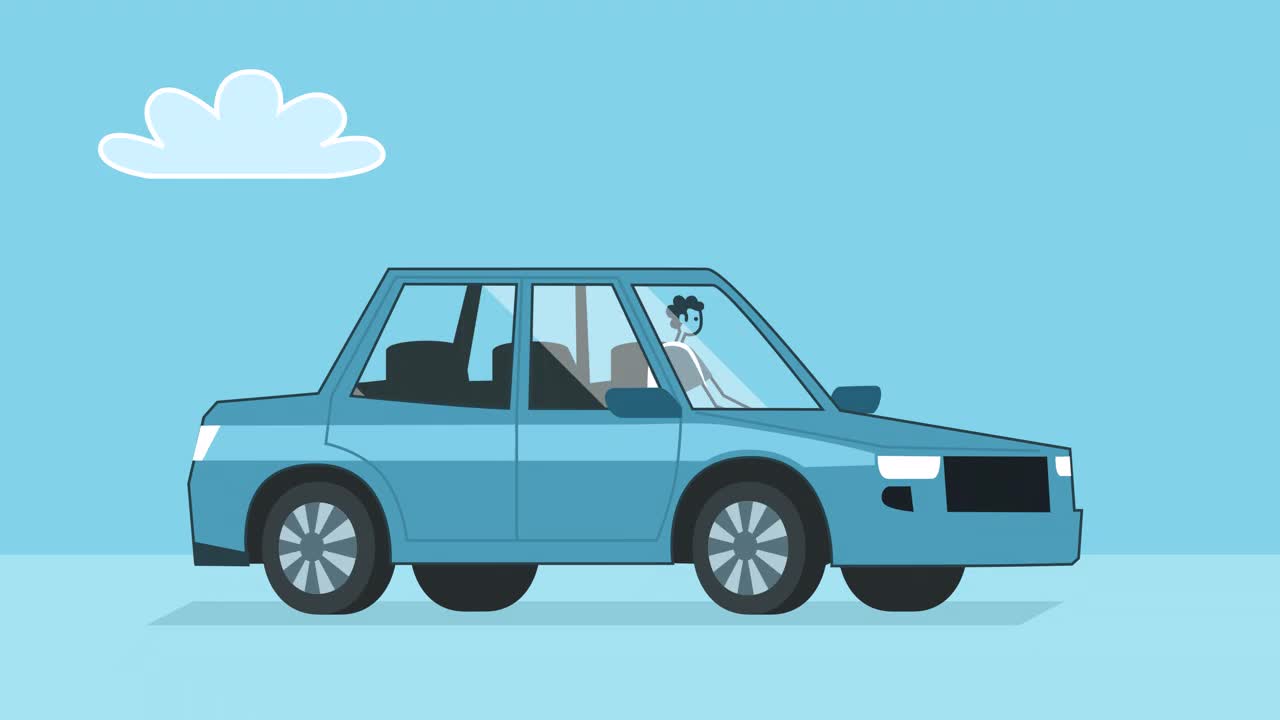 男人开着蓝色的车。平面设计卡通车和角色孤立循环2d动画视频素材