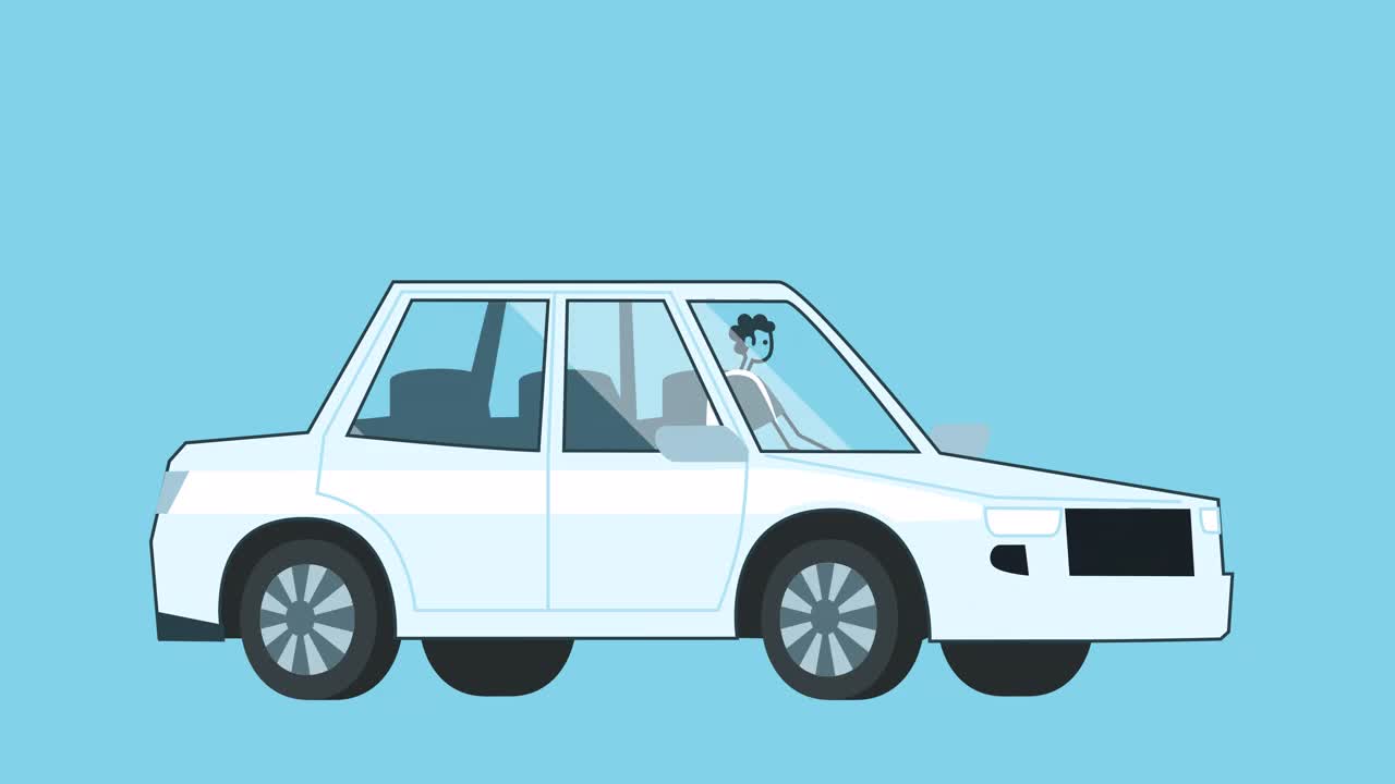 男人开着白色的车。平面设计卡通车和角色孤立循环2d动画视频素材