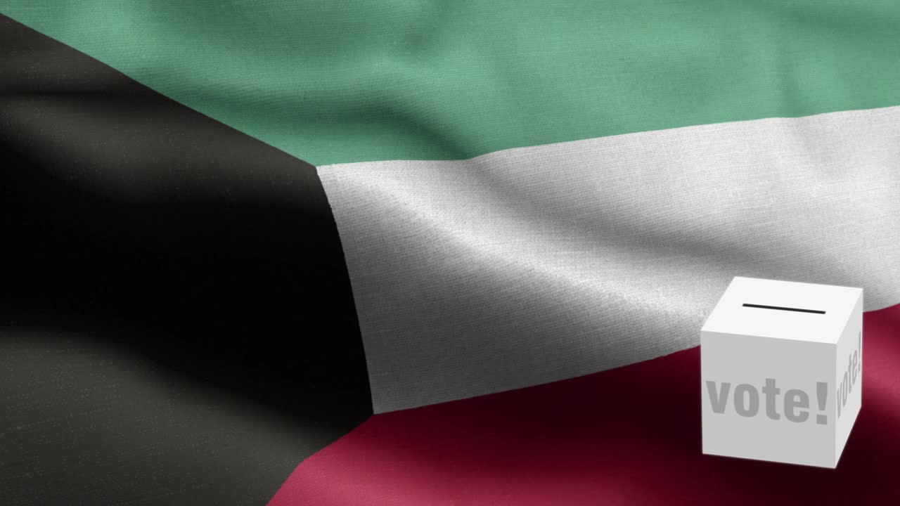 选票飞到盒子科威特选择-投票箱在国旗前-选举-投票-国旗科威特国旗高细节-国旗科威特波图案循环元素-织物纹理和无尽的循环视频下载