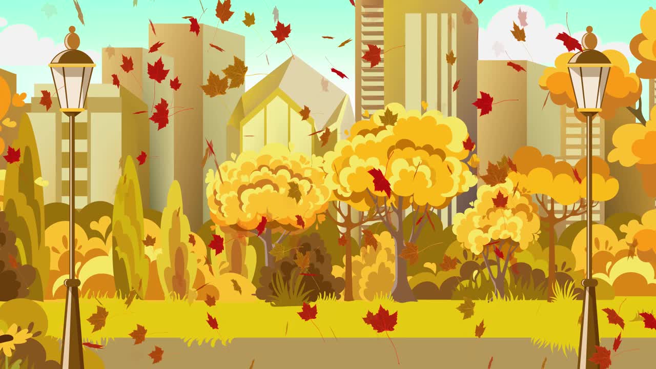 秋天的城市公园一片落叶的景象视频下载