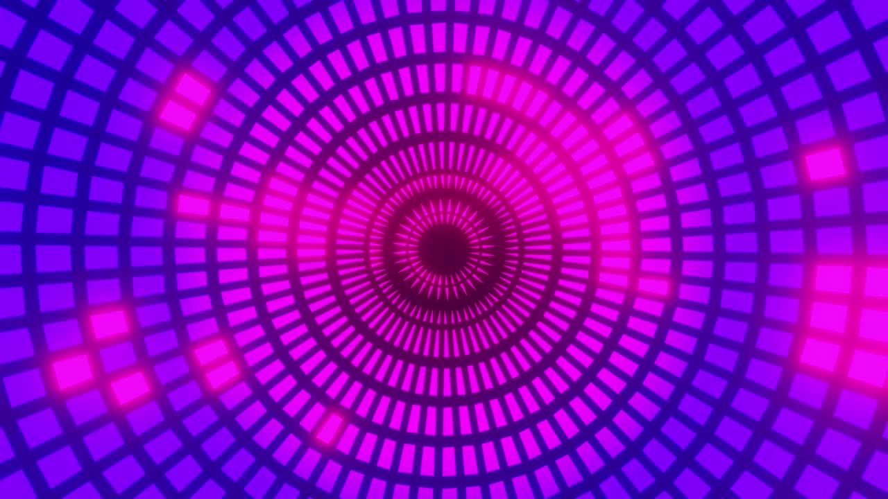 新年霓虹灯背景，无缝圆形图案背景，赛博朋克闪烁粉红和紫色，循环，复制空间视频下载