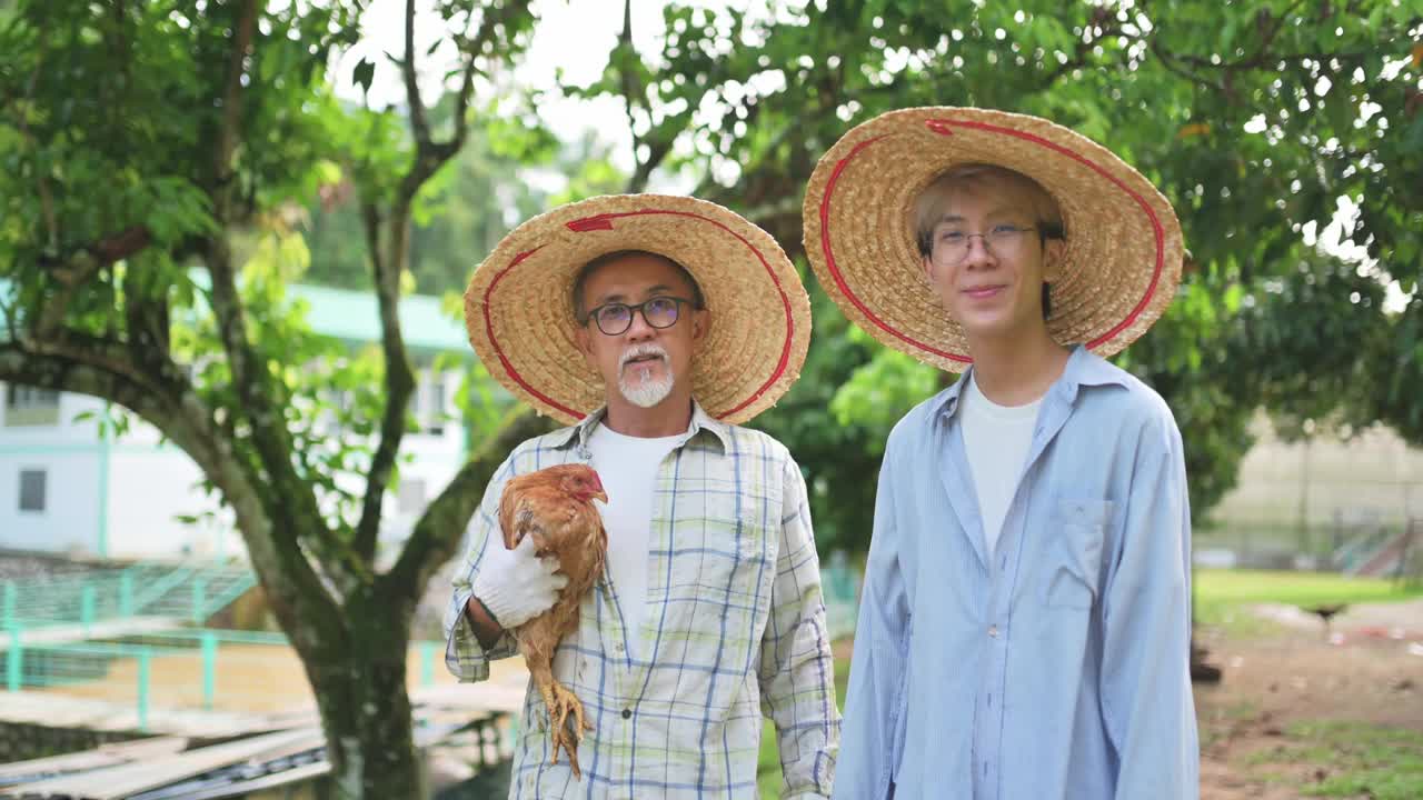有机农场里，一位亚洲华人老人和他的儿子抱着鸡看着镜头微笑视频下载