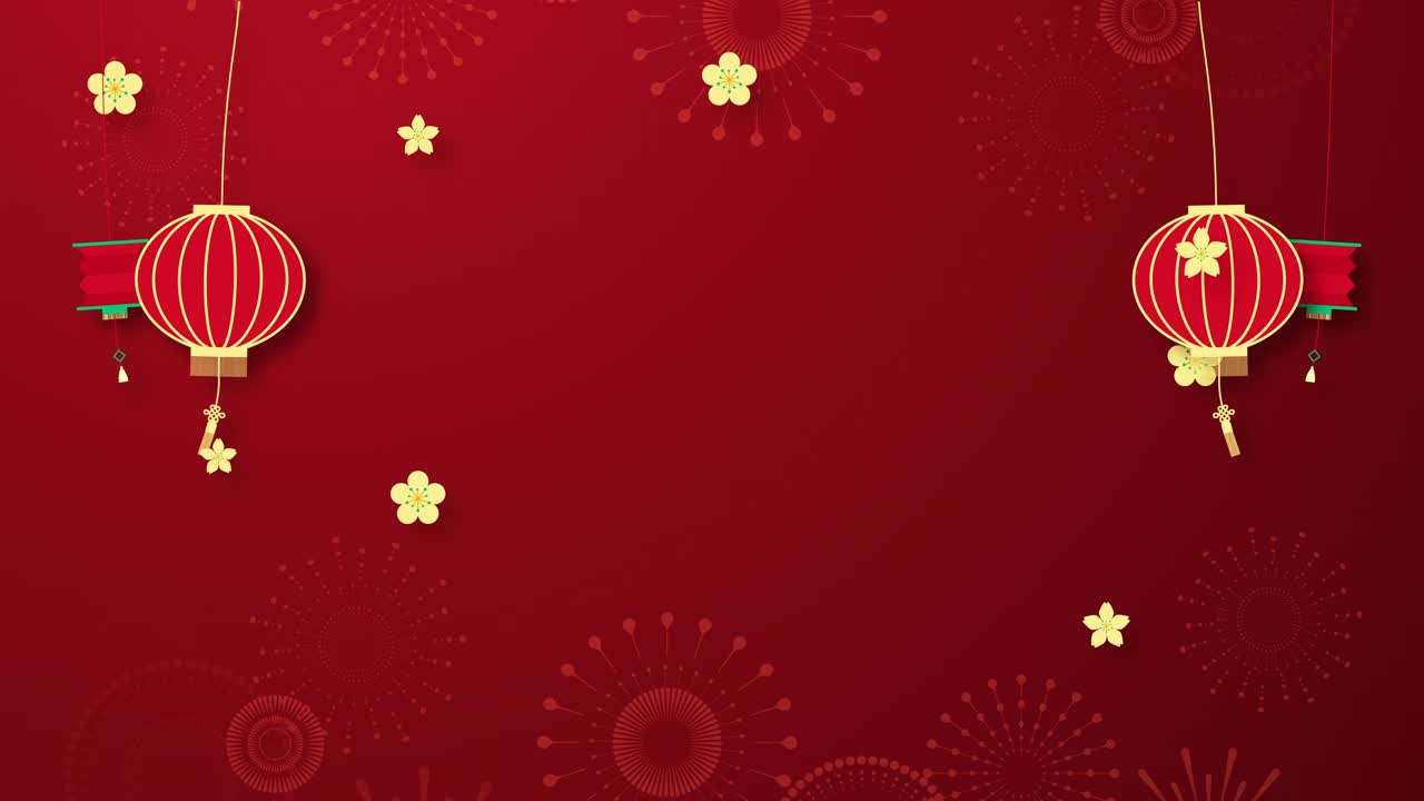 中国新年背景以中国装饰元素和樱花烟花。概念节日横幅，中国新年庆祝背景装饰。视频下载